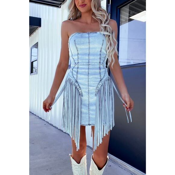 Simply Me Jolene Strapless Denim Dress Fringe Buckle Back Western Style NEW/NWT! - Picture 1 of 16